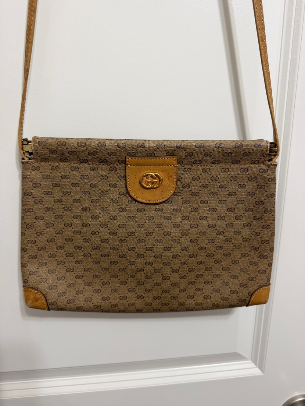 Gucci Brown GG Canvas Shoulder Bag with Tan Leather Trim